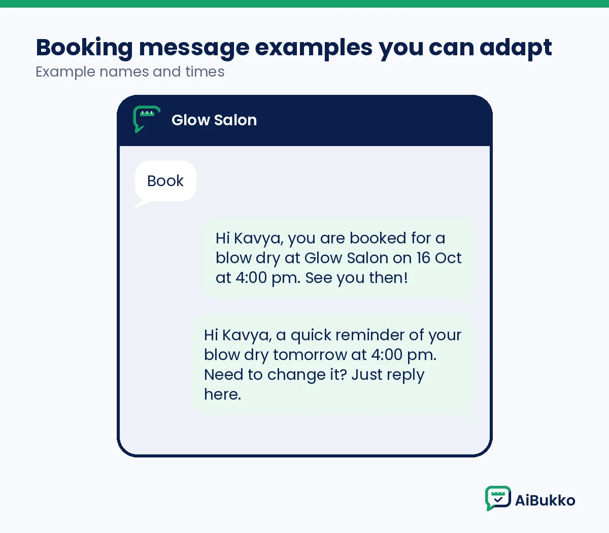 Example salon chat: a client types Book, gets a confirmation, then a reminder the day before